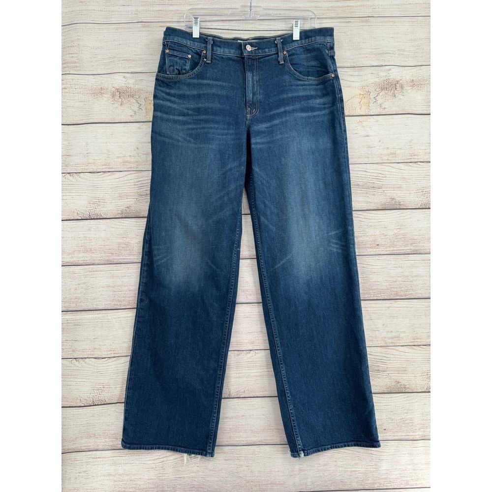 Mother The Down Low Spinner Heel Jeans Womens 33 Blue Wide Leg Distressed Hem